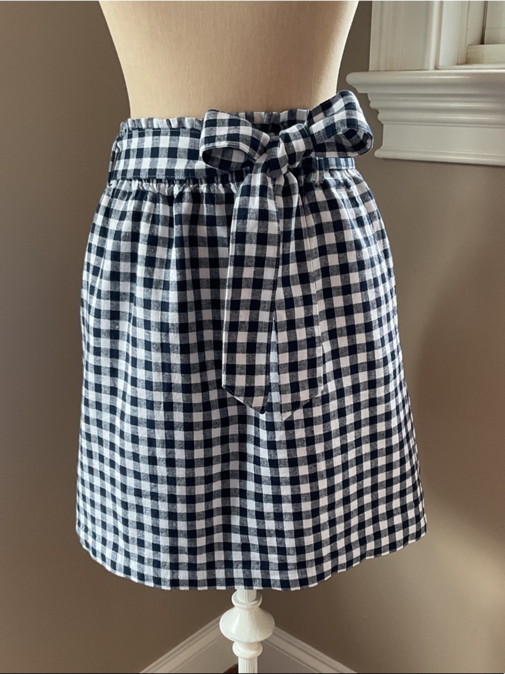J. Crew Navy and White Gingham Tie-Waist Mini Skirt